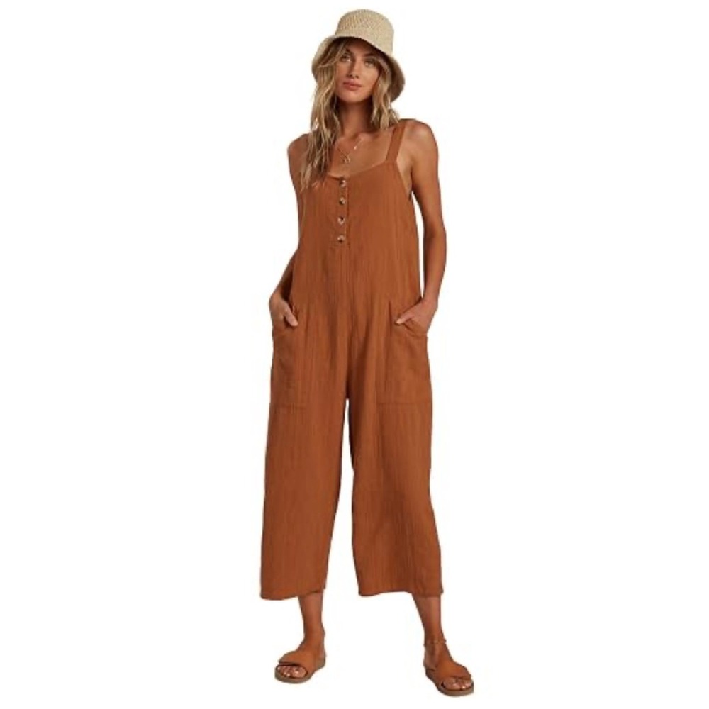 Billabong Wild Pursuit Cotton Gauze Jumpsuit Rust Brown Wide Leg XS